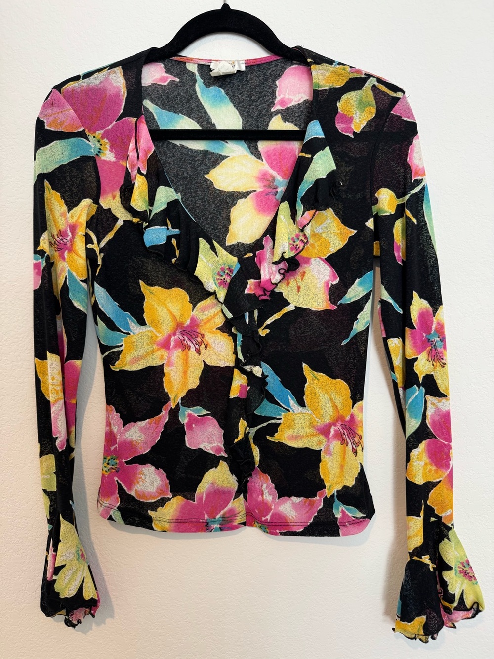 Cache Y2k Vintage Black Floral Print V Neck Long Sleeve Ruffled Blouse